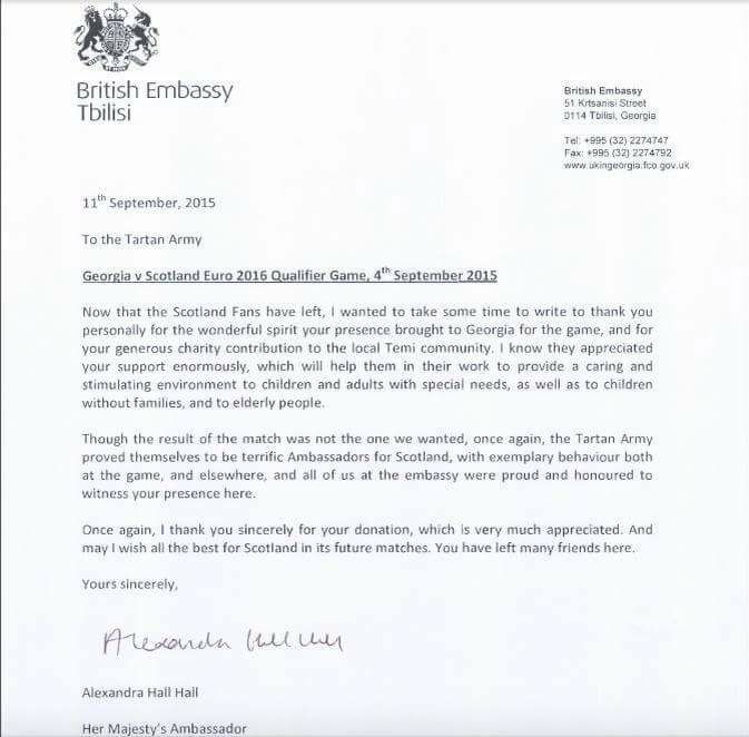 Letter From The British Embassy, Georgia 2015 | Tartan Army Sunshine Appeal